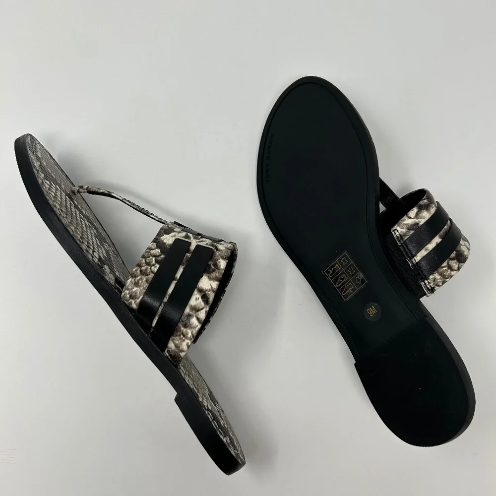 EUC Tory Burch Leigh Black/Gray Snakeskin Double T Thong Sandals Size 9 Preppy!